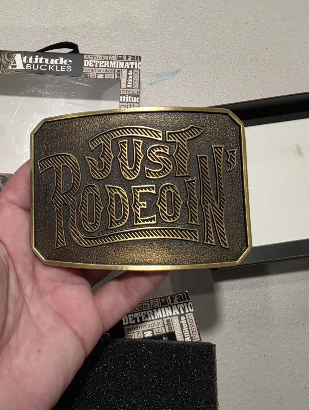 Montana Silversmiths Brown and Gold "Just Rodeo'n" Buckle